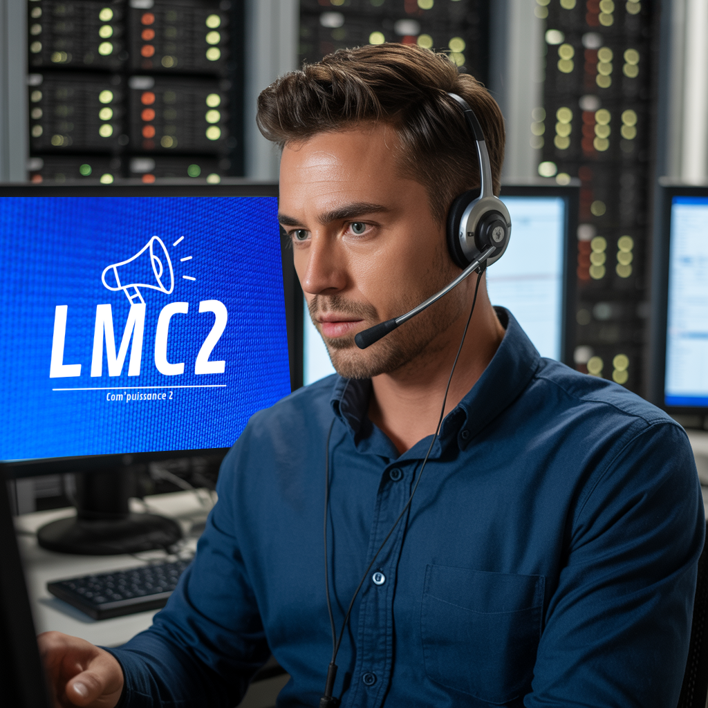 Une personne dans un centre de données assure la sécurité du site web d'un client. Elle porte un casque téléphonique. Une image rassurante et réaliste. Un sentiment de sérénité et de bien-être.