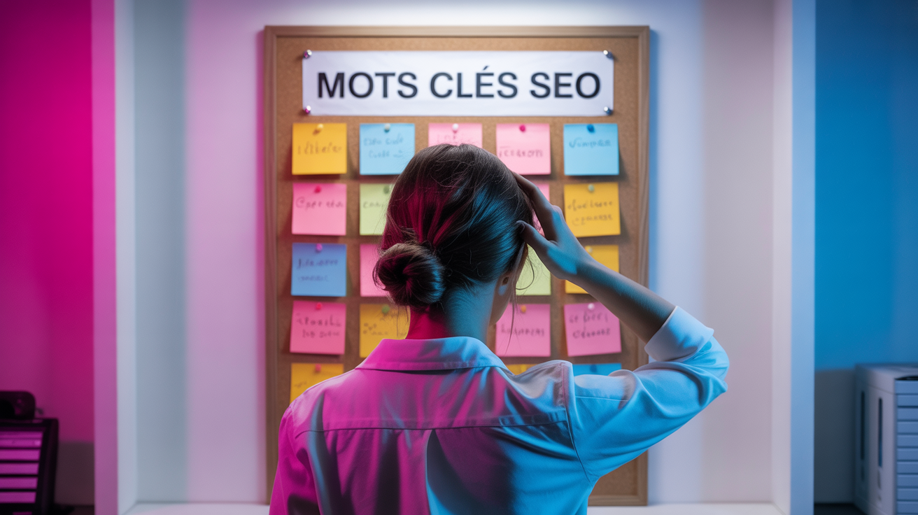 Photographie cinématographique représentant une femme de dos, le regard fixé sur un tableau en liège portant l'inscription « Mots clés SEO ». Sa main effleure son front, exprimant une profonde contemplation tandis qu'elle examine les différents mots-clés français griffonnés sur les post-its colorés situés en dessous. La scène se déroule dans un bureau moderne, éclairé par des néons roses et bleus éclatants qui projettent des reflets ludiques sur les murs blancs et soulignent l'intensité de sa pose. La composition est centrée sur la femme et le tableau en liège, créant une atmosphère de dévouement discret dans une atmosphère créative et technologique.