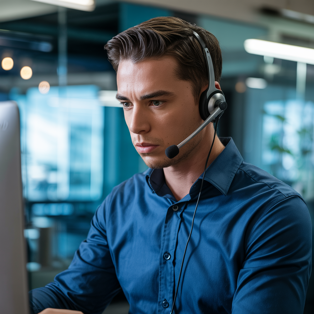 Un bureau moderne sert de toile de fond à l'atmosphère professionnelle. Un jeune homme aux cheveux soigneusement coiffés et à la barbe courte est représenté avec un casque, suggérant qu'il est en train de répondre à un appel ou de servir la clientèle. Vêtu d'une chemise bleue, il dégage un certain professionnalisme. L'accent est mis sur son visage, qui dégage une expression sérieuse et attentive, témoignant d'une immersion totale dans son travail.