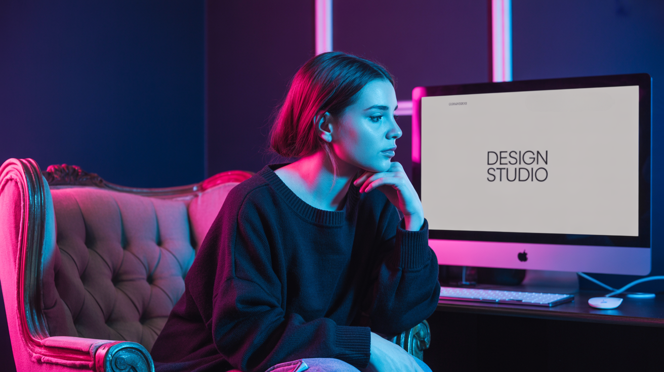 Une femme est assise devant un écran d'ordinateur avec un site web ouvert. L'éclairage est tamisé avec des effets néon roses et bleus.