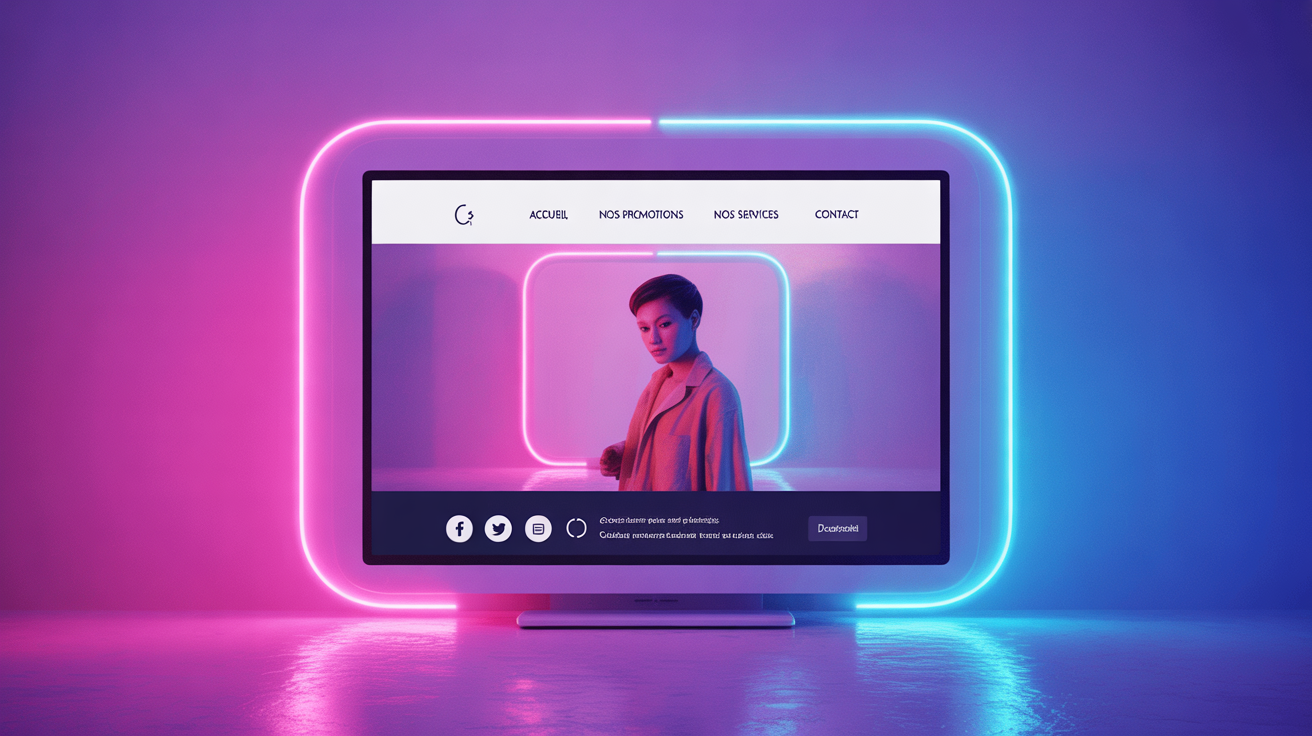Page d'accueil produit pour une boutique en ligne francophone. Un grand écran central affiche un site web au design épuré et moderne, avec une barre de navigation et des liens « Accueil », « Nos promotions », « Nos services » et « Contact » en haut. L'arrière-plan de l'écran révèle un rétroéclairage néon vibrant aux nuances changeantes de rose et de bleu électrique, créant une atmosphère futuriste et immersive. Sous l'écran, un pied de page stylisé présente des icônes de réseaux sociaux et des informations de copyright. Un subtil dégradé adoucit les bords de l'écran et renforce l'effet néon lumineux. L'utilisation d'une police arrondie sans empattement pour tous les éléments textuels favorise la lisibilité. L'esthétique générale est épurée et à la pointe de la technologie, et souligne l'attrait visuel de l'expérience d'achat en ligne.