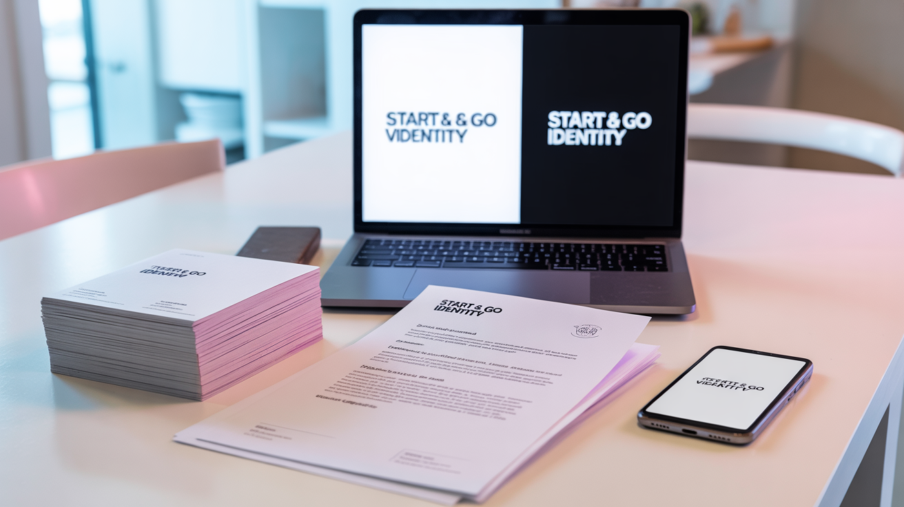 Photographie d'une mise en page à plat soigneusement agencée, mettant en valeur les éléments de la formule « Start & Go Visual ». Au centre se trouve un écran d'ordinateur portable affichant le logo « Visual Identity », une version sur fond blanc épuré et l'autre sur fond noir épuré, entouré d'une pile de 250 cartes de visite élégantes au fini mat, soigneusement empilées. À côté de l'ordinateur portable se trouvent une charte graphique imprimée, présentant une palette de couleurs sophistiquée et des directives typographiques, ainsi qu'une pile de 500 feuilles de papier à en-tête haut de gamme subtilement filigranées du logo « Visual Identity » et un smartphone affichant une signature électronique moderne. L'éclairage naturel et tamisé du bureau est rehaussé de nuances de néon rose et bleu qui se reflètent sur des surfaces blanches immaculées et du bois clair, créant une esthétique d'entreprise équilibrée et haut de gamme.