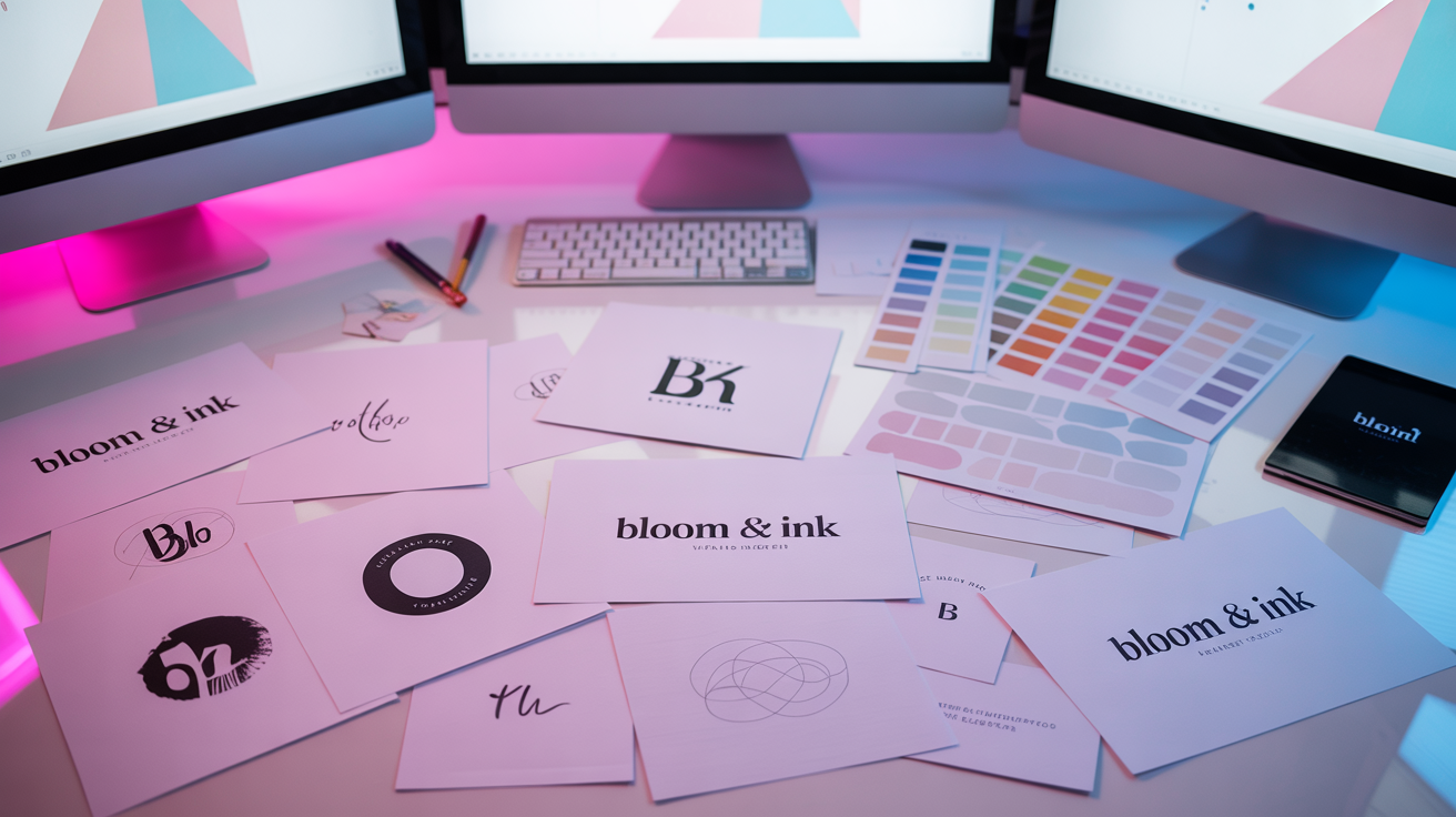 Une photographie prise d'en haut présente l'espace de travail d'un graphiste lors d'un projet de branding, centré sur un ensemble de supports créatifs soigneusement agencés. Sur un grand bureau blanc sont disposés divers croquis de logos à l'encre noire, une palette de couleurs pastel roses et bleues soigneusement sélectionnée, disposée en cercle, et d'élégantes maquettes de cartes de visite arborant le nom de la marque « Bloom & Ink » dans une police à empattements moderne. Un éclairage néon rose et bleu doux se reflète sur la surface polie du bureau et les écrans d'ordinateur affichant des chartes graphiques géométriques, créant une atmosphère dynamique et moderne, tandis qu'un mur blanc minimaliste offre un arrière-plan épuré et épuré. L'ensemble respire la créativité professionnelle et le design intentionnel.